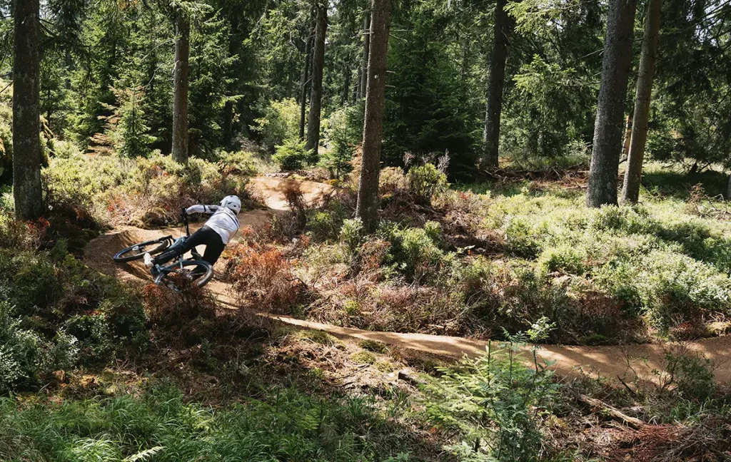 Mountainbiker fährt in Schräglage durch eine ausgeformte Kurve des rOXstar im Wald.