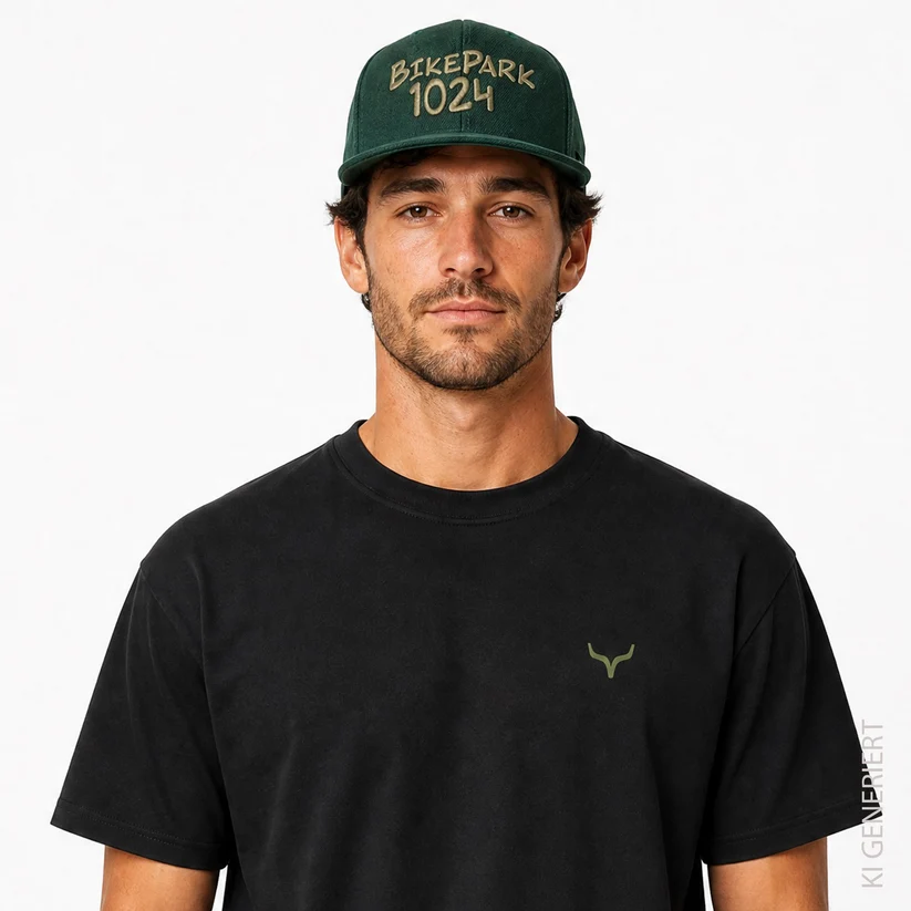 Männliches Model mit T-Shirt und Mütze aus der neuen Bikepark 1024 Fashion Kollektion