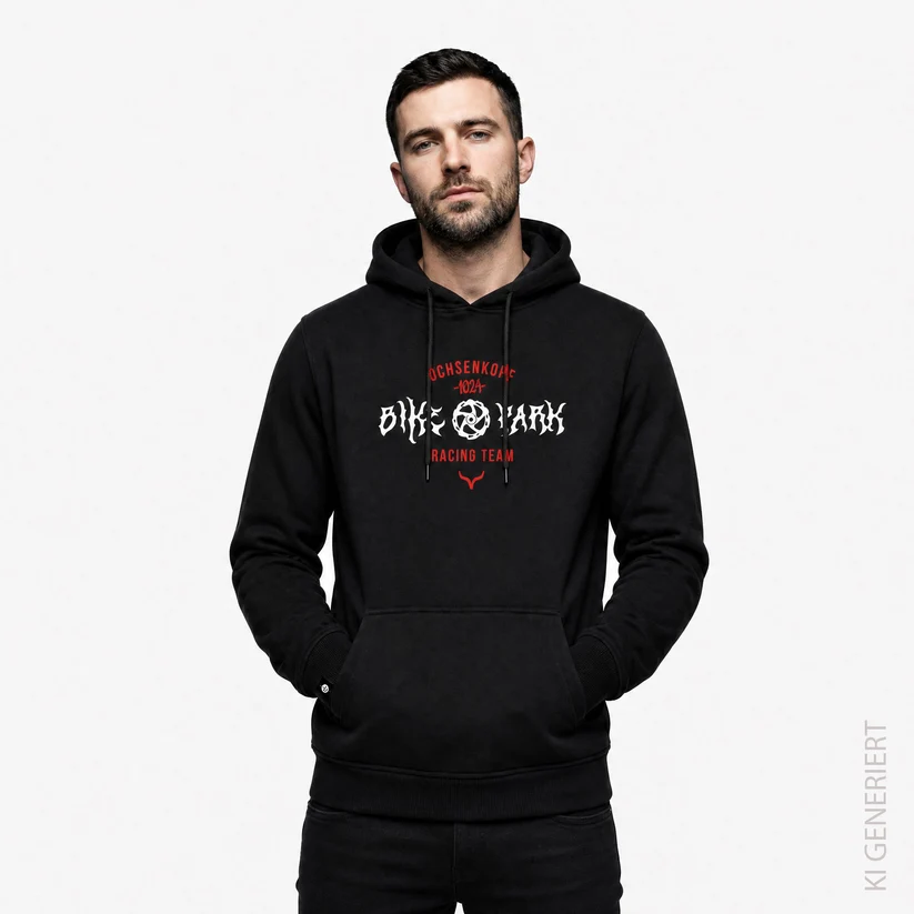 Männliches Model mit einem Hoodie aus der neuen Bikepark 1024 Fashion Kollektion