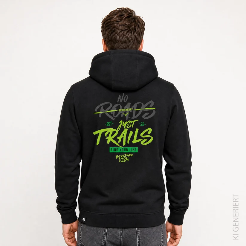 Männliches Model mit einem Hoodie aus der neuen Bikepark 1024 Fashion Kollektion